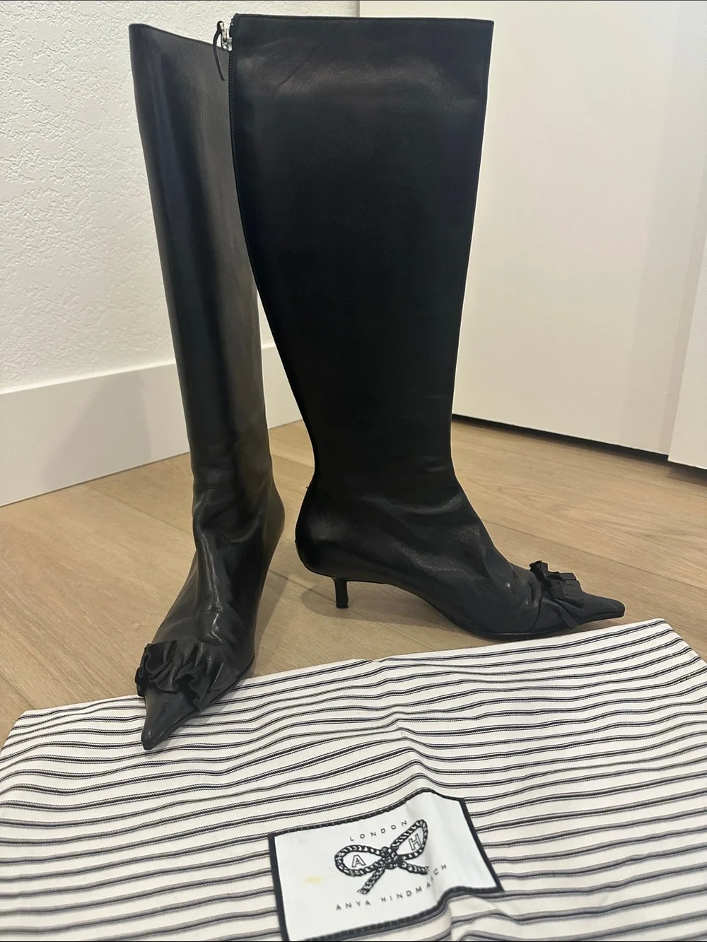 Anya Hindmarch Black Leather Over-the-Knee Kitten Heel Boots